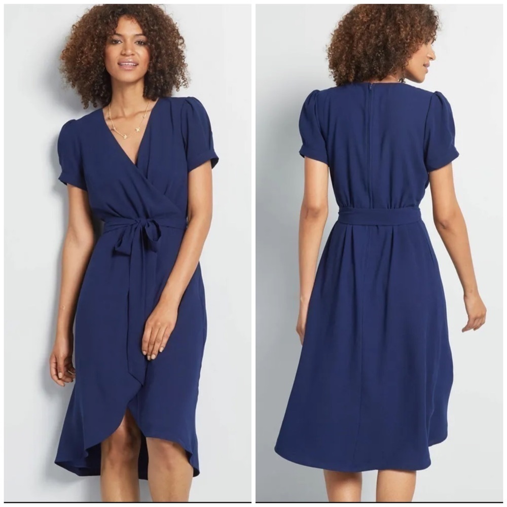 Modcloth Poetic Presence Faux-Wrap Navy Blue Short Sleeve Dress Sz S.
